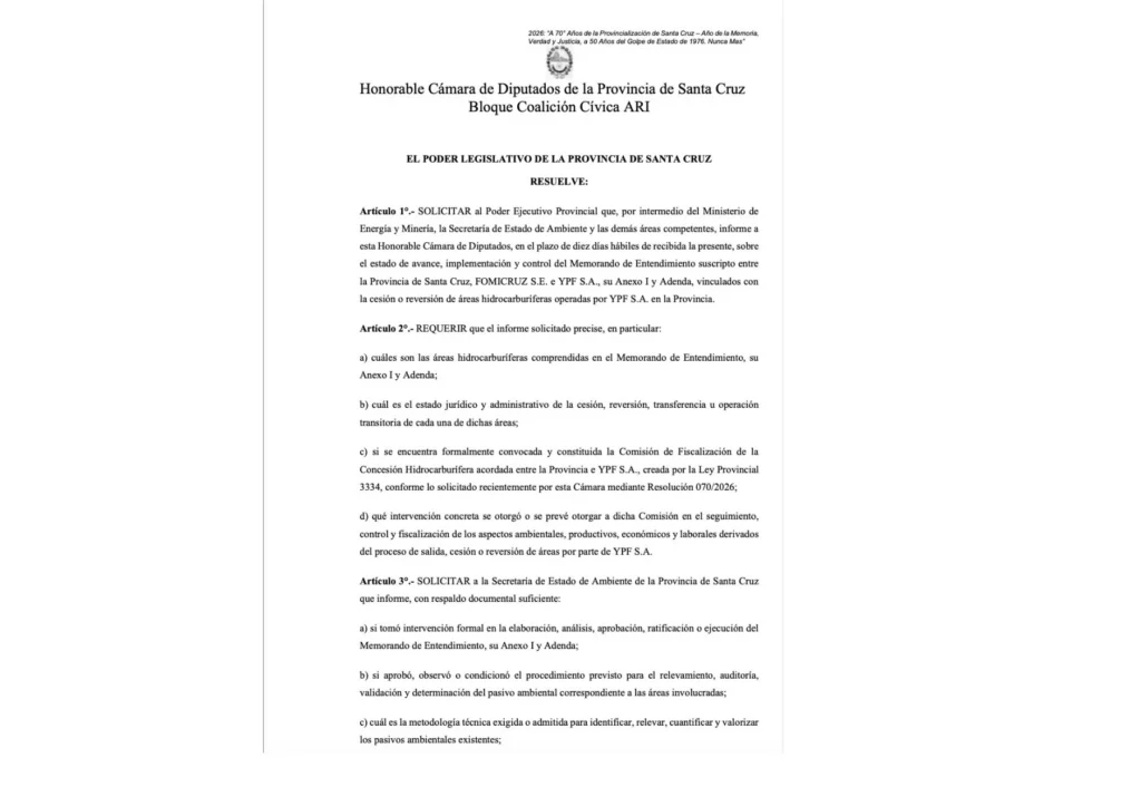 Diputado de CC-ARI pidió informes sobre el acuerdo entre el gobierno provincial e YPF