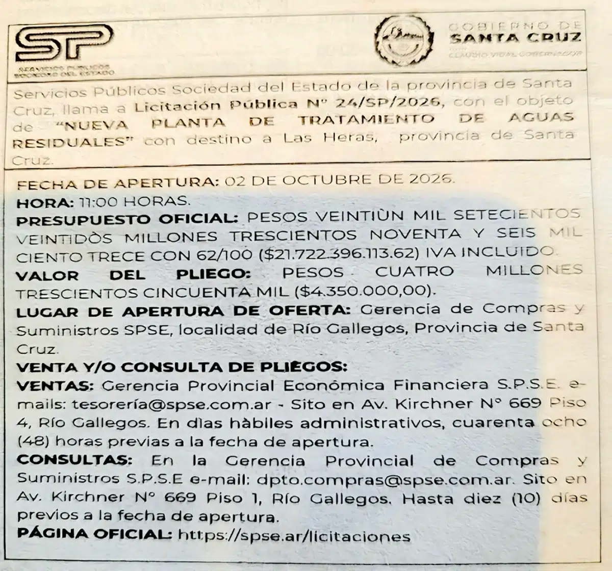 La licitación pública N° 24/SP/2026 de SPSE -