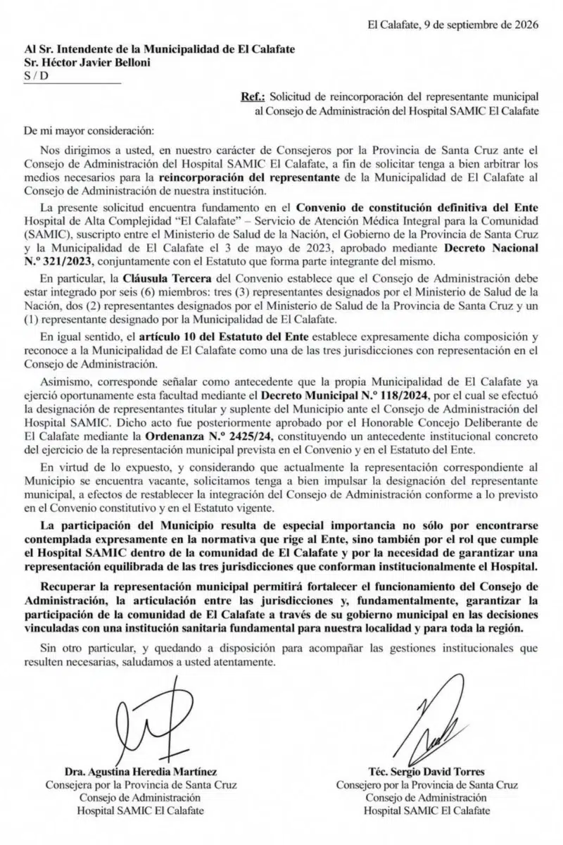 Crisis institucional en el SAMIC en El Calafate. La provincia intima al intendente Belloni a recuperar su lugar en el Consejo de Administración